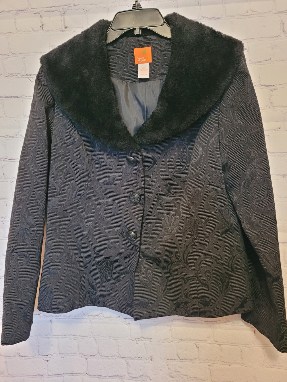 Hearts of Palm Black V Neck Fur Collared Snap Front Jacket Size 14